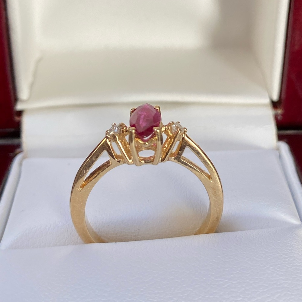 Solid 14kt Gold Diamond Ruby Ring Marquis Ruby - image 7